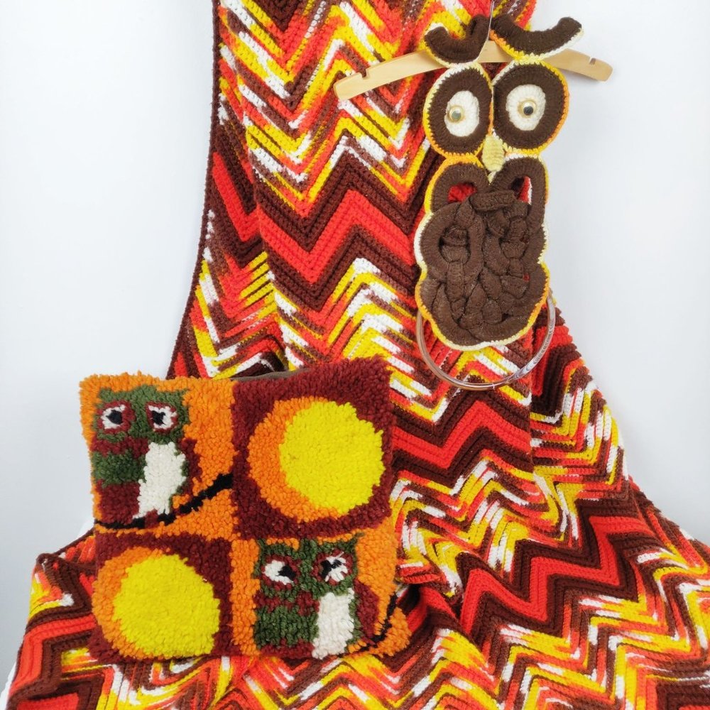 Vintage 1970s Groovy Chevron Afghan SET Latchwork OWL Pillow & Wall Hanging MCM
